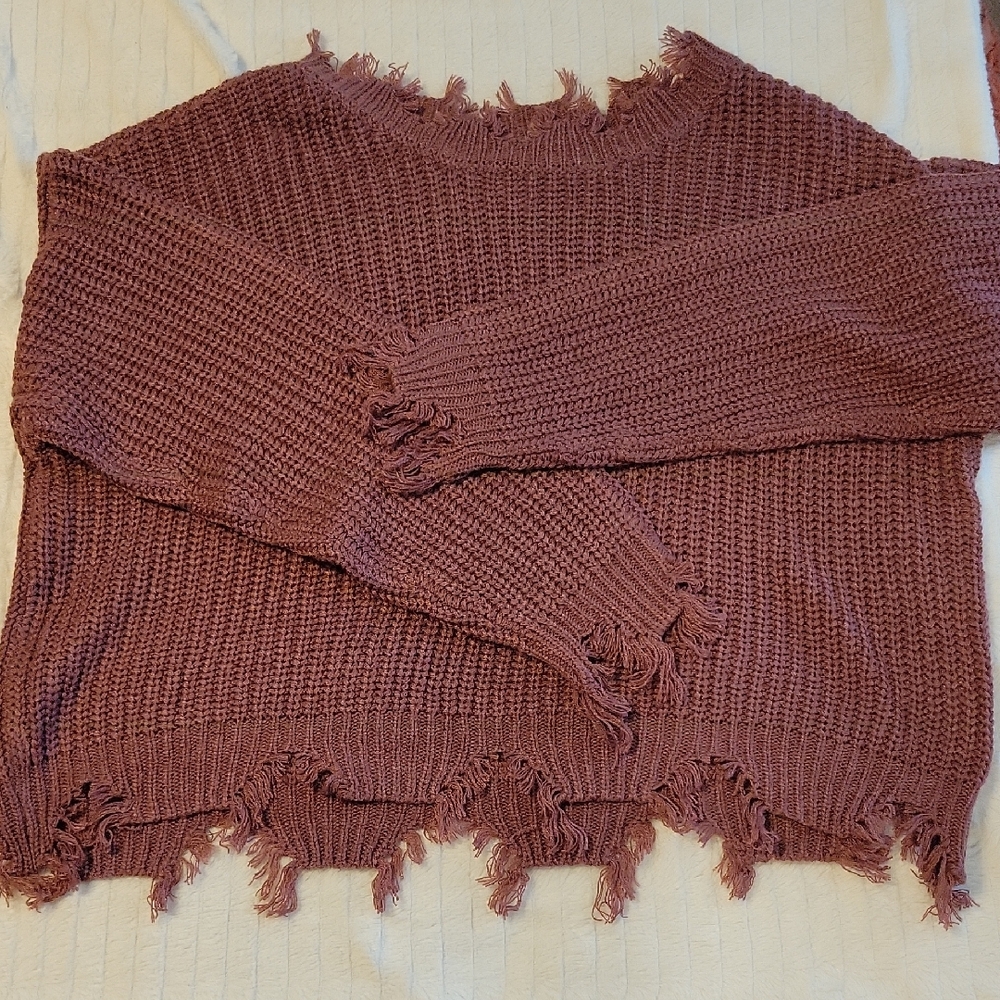 Derek Heart Pink Crew Neck Sweater with Chunky Knit Fringed Distressed Cropped
